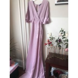 Plunge Cape Sleeves Satin Maxi Dress(Lilac)